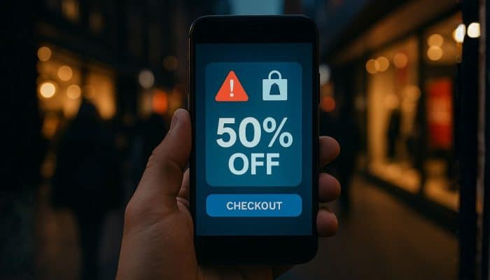 Smartphone showing a suspicious Black Friday deal in a blurred shopping street scene, highlighting online and social media scam risks.