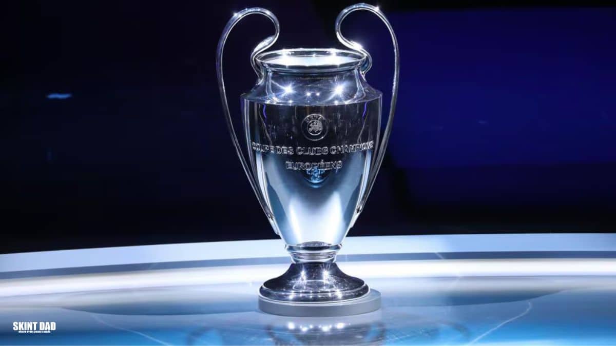 Graphic showing Champions League branding with Paramount+ logo, highlighting rising costs for UK football fans from 2027.