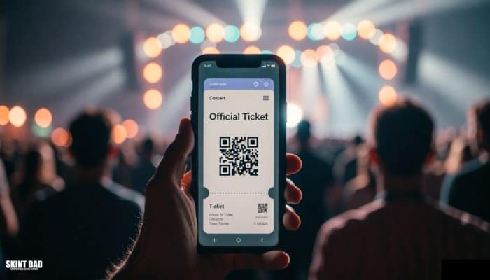 A person holding an official digital concert ticket on their phone, with a clear QR code and a blurred crowd in the background, showing a safe way to buy tickets.