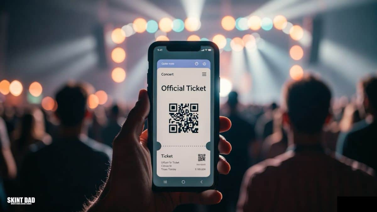 A person holding an official digital concert ticket on their phone, with a clear QR code and a blurred crowd in the background, showing a safe way to buy tickets.