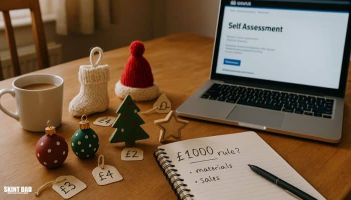 Homemade Christmas crafts on a kitchen table next to a notebook and a laptop open on a tax guidance page.