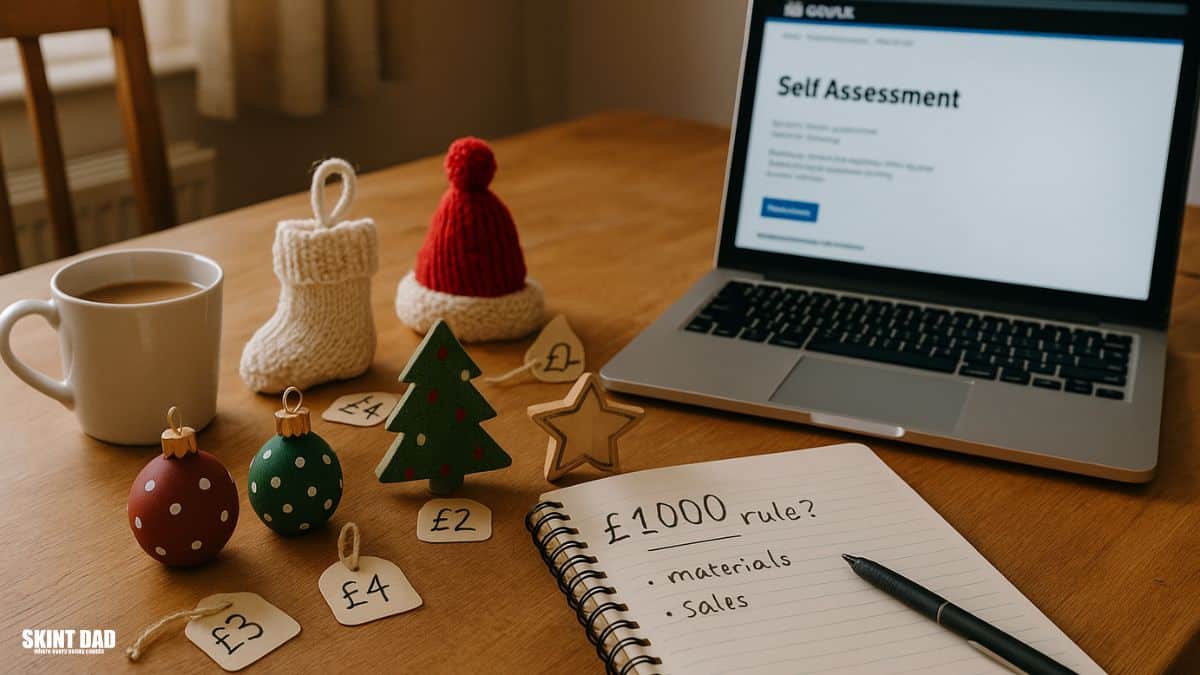 Homemade Christmas crafts on a kitchen table next to a notebook and a laptop open on a tax guidance page.
