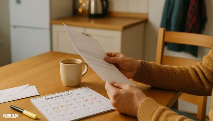 Hands checking bills and a December calendar with circled payment dates on a kitchen table.