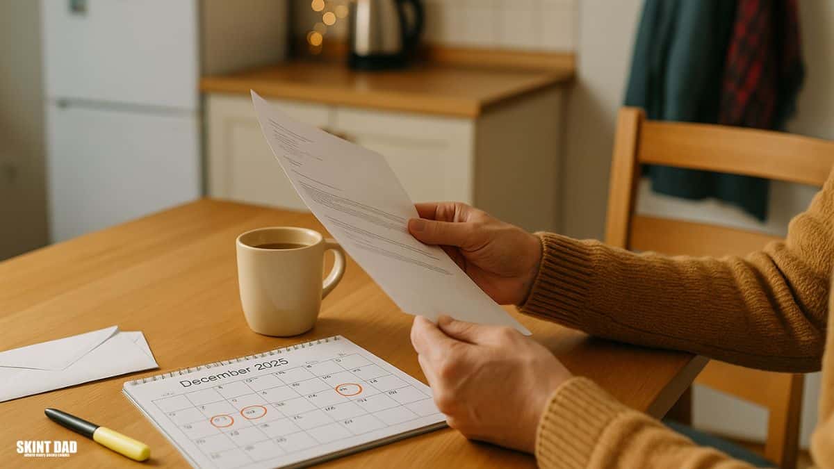 Hands checking bills and a December calendar with circled payment dates on a kitchen table.