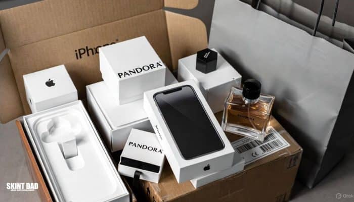 A selection of empty designer boxes, tech boxes and perfume bottles arranged together to show how they can be sold for extra money.