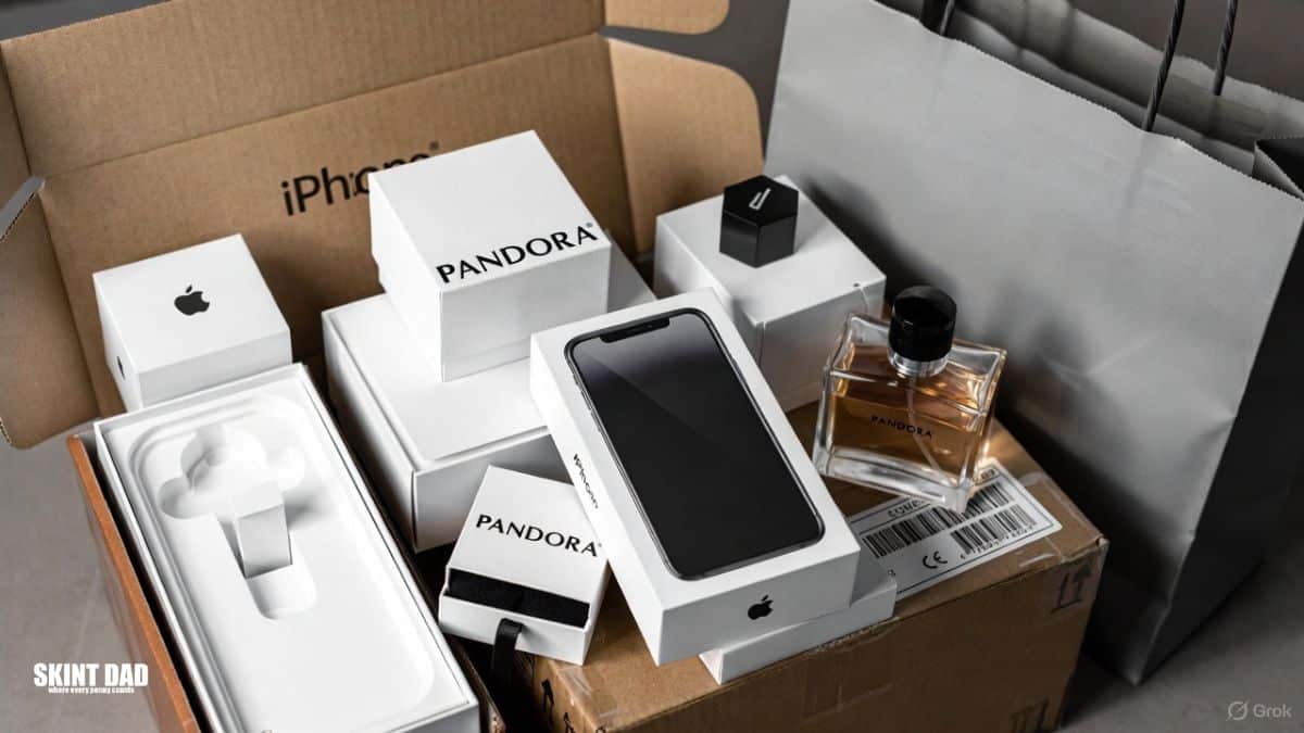 A selection of empty designer boxes, tech boxes and perfume bottles arranged together to show how they can be sold for extra money.