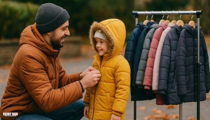A father helps his young daughter zip up her yellow winter coat outdoors, with a rail of colourful children’s coats in the background on an autumn day.