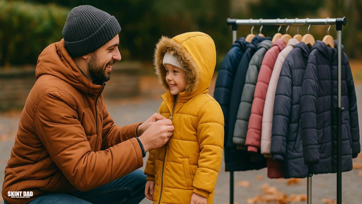 A father helps his young daughter zip up her yellow winter coat outdoors, with a rail of colourful children’s coats in the background on an autumn day.