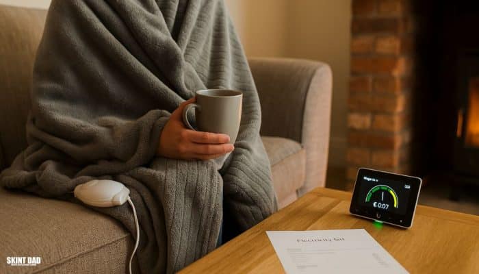 Family checking smart meter readings after using free energy-saving gadgets.