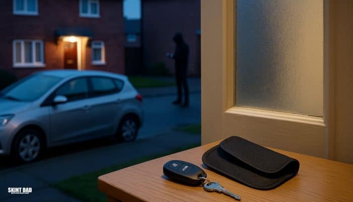 Car keys and a Faraday pouch on a hallway table near a front door, with a family car on a UK driveway at dusk and a distant figure holding a device, hinting at keyless relay theft.