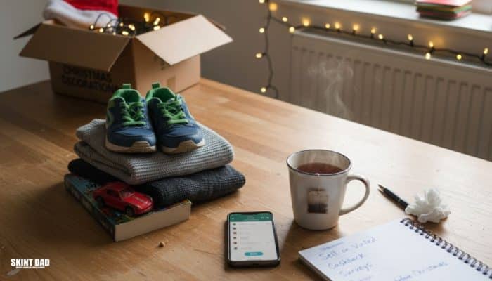 Items ready to sell on Vinted laid out on a cosy UK living-room table, including children’s shoes, a toy car, a jumper, a phone with a selling app open, and a notebook of extra money ideas for Christmas.