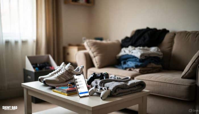 Everyday household items like trainers, a phone and kids’ books laid out on a table in a UK home, ready to be photographed and sold for quick cash.