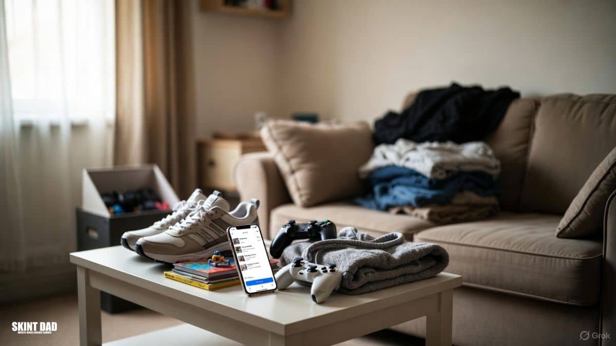 Everyday household items like trainers, a phone and kids’ books laid out on a table in a UK home, ready to be photographed and sold for quick cash.