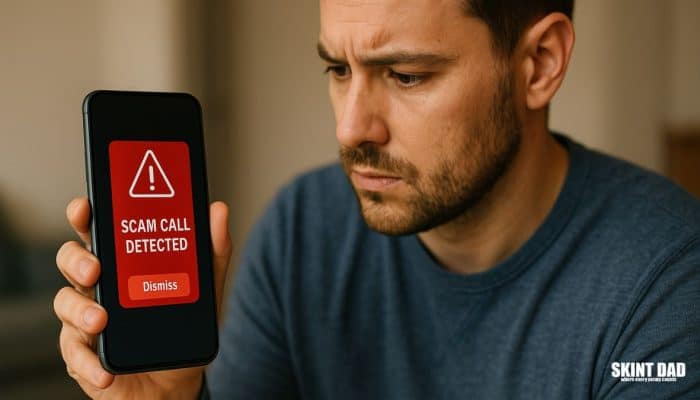 A person holding a smartphone showing a scam warning message, highlighting new mobile network changes to block fake UK numbers.