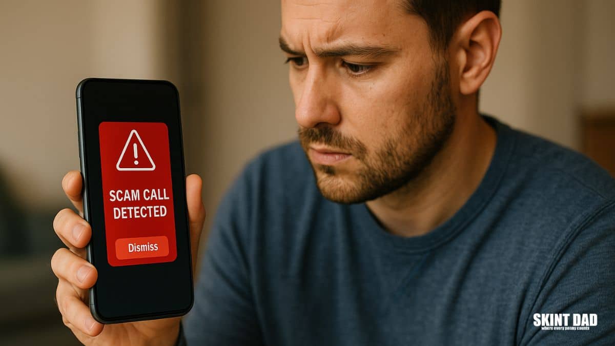 A person holding a smartphone showing a scam warning message, highlighting new mobile network changes to block fake UK numbers.