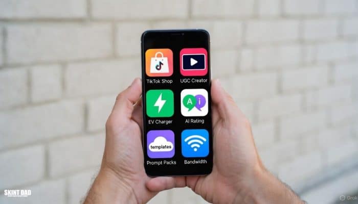 Hands holding a smartphone outdoors with simple icons showing modern UK side hustles including TikTok Shop, UGC videos, AI rating, EV charger renting and digital templates.