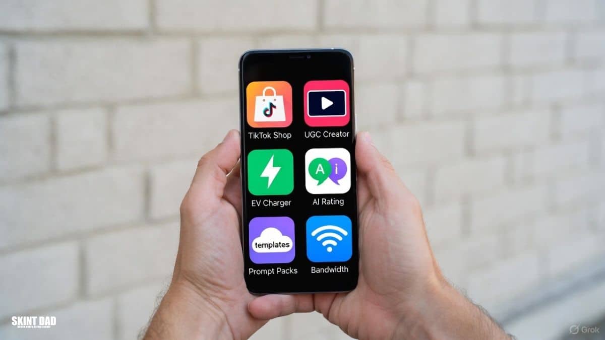 Hands holding a smartphone outdoors with simple icons showing modern UK side hustles including TikTok Shop, UGC videos, AI rating, EV charger renting and digital templates.