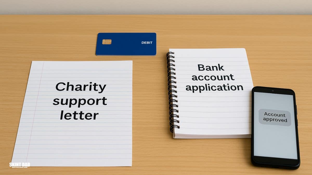 A plain wooden table with a generic debit card, a charity support letter, a bank account application form and a smartphone showing an account approved message.