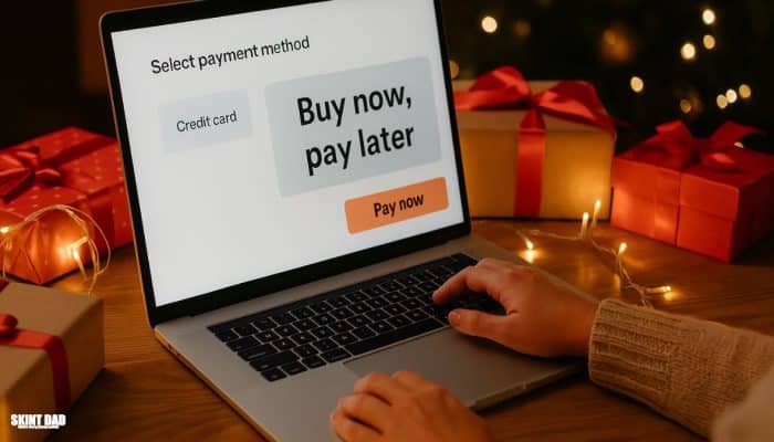 A person shops online for Christmas gifts on a laptop showing a “Buy now, pay later” option, surrounded by wrapped presents and warm festive lights.