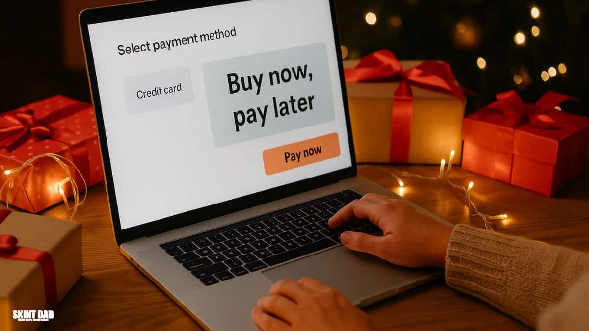 A person shops online for Christmas gifts on a laptop showing a “Buy now, pay later” option, surrounded by wrapped presents and warm festive lights.