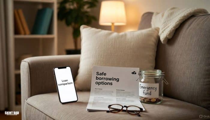 A cosy UK living room with a smartphone showing a simple loan comparison screen, a leaflet titled “Safe borrowing options”, a small emergency fund jar with coins and reading glasses on a sofa arm, creating a calm and reassuring scene about choosing safe ways to borrow.