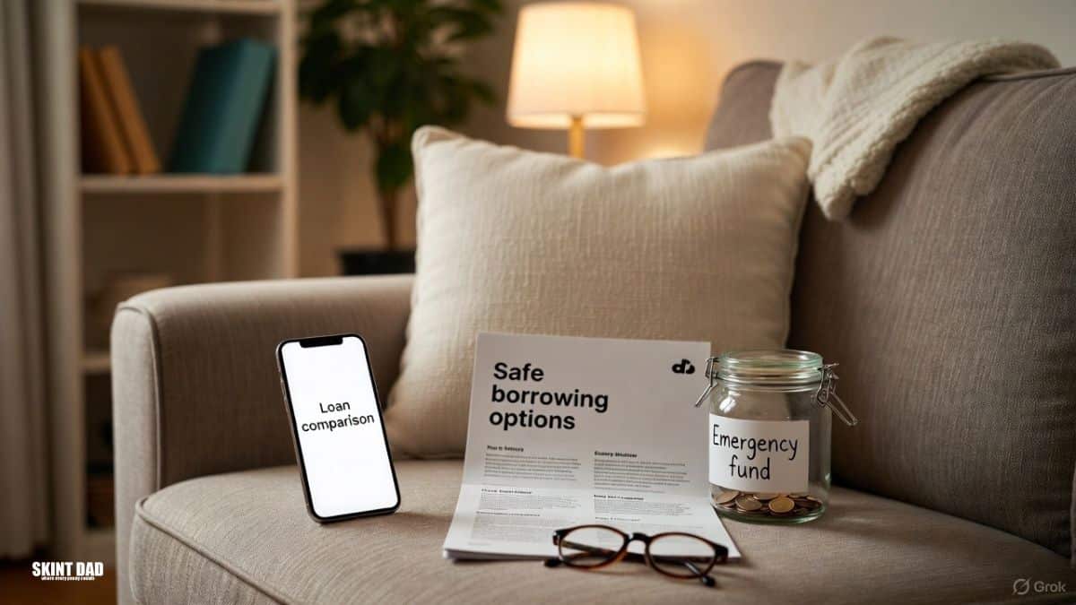 A cosy UK living room with a smartphone showing a simple loan comparison screen, a leaflet titled “Safe borrowing options”, a small emergency fund jar with coins and reading glasses on a sofa arm, creating a calm and reassuring scene about choosing safe ways to borrow.