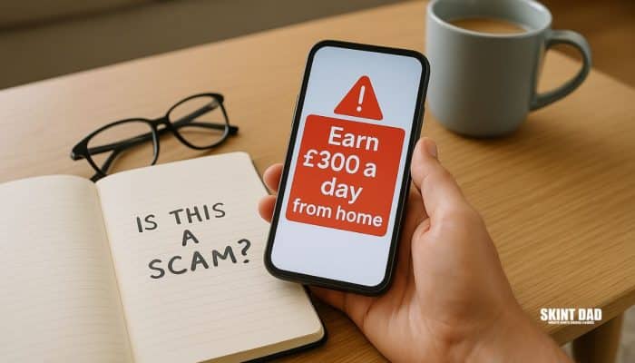 A person sitting at a kitchen table looking at a phone message about a high-paying side hustle, checking if it is a scam.