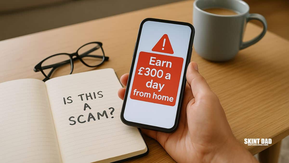 A person sitting at a kitchen table looking at a phone message about a high-paying side hustle, checking if it is a scam.