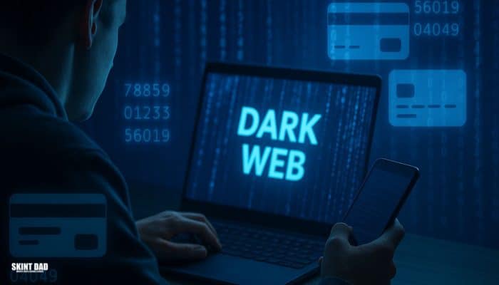 Person using laptop while digital code and bank card icons appear, showing stolen UK bank data on the dark web