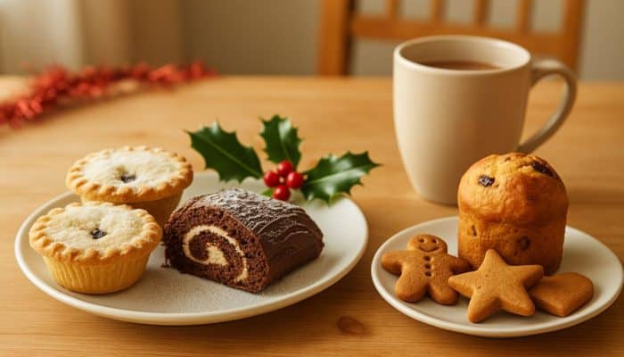 Selection of Tesco-style Christmas treats including mince pies, yule log, gingerbread and panettone on a kitchen table.