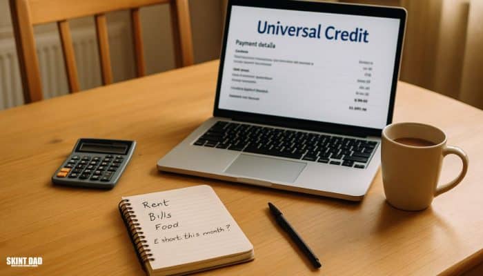 A laptop showing a blurred Universal Credit payment breakdown on a kitchen table beside a notepad with rent and bills written on it, a calculator, and a mug of tea.