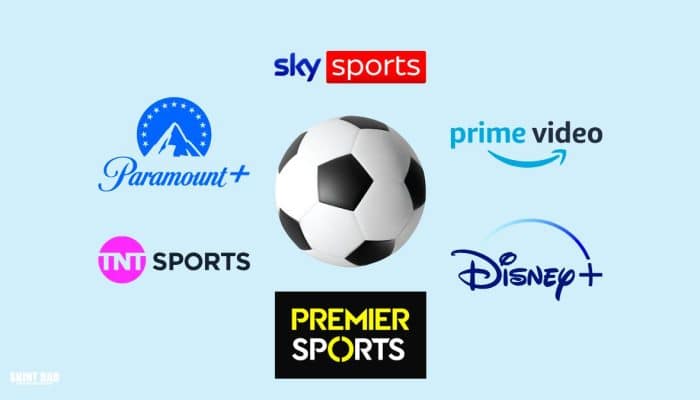 Graphic showing a football with UK streaming service logos and a bill listing the monthly cost of watching different football leagues in the UK.