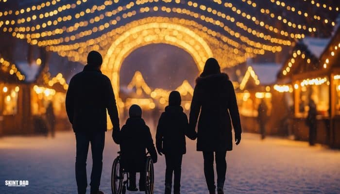 A family of four, including a child using a wheelchair, walking together through a festive winter market with glowing lights and snowy ground.
