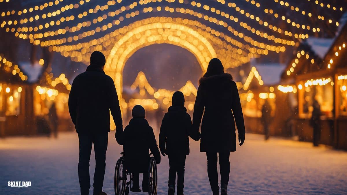 A family of four, including a child using a wheelchair, walking together through a festive winter market with glowing lights and snowy ground.
