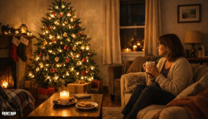 A parent sitting quietly in a UK living room on Christmas Eve with a small Christmas tree and a mug of tea, looking calm and reflective.
