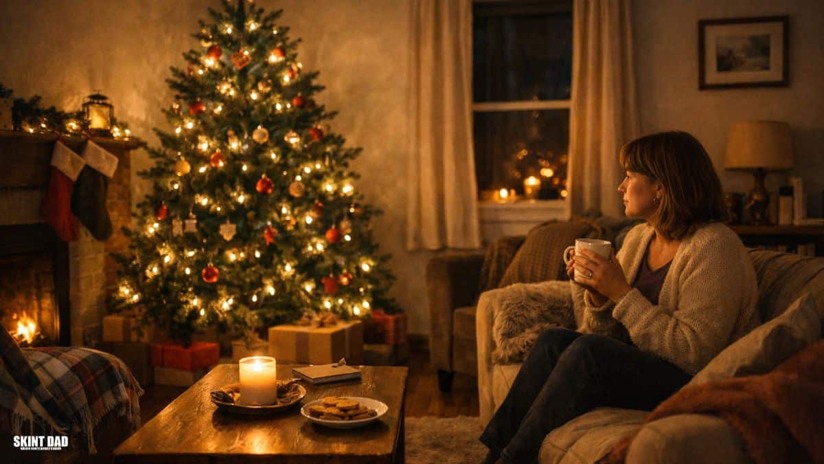 A parent sitting quietly in a UK living room on Christmas Eve with a small Christmas tree and a mug of tea, looking calm and reflective.
