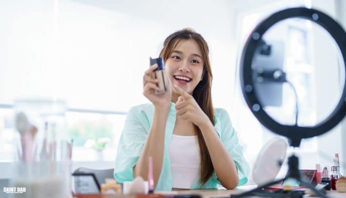 A person hosting a live social shopping video and selling products online