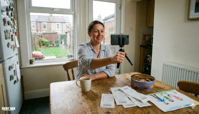 A parent sitting at a kitchen table in a UK home, filming a short Tiktok video on their phone with a mug and shopping receipts on the table.