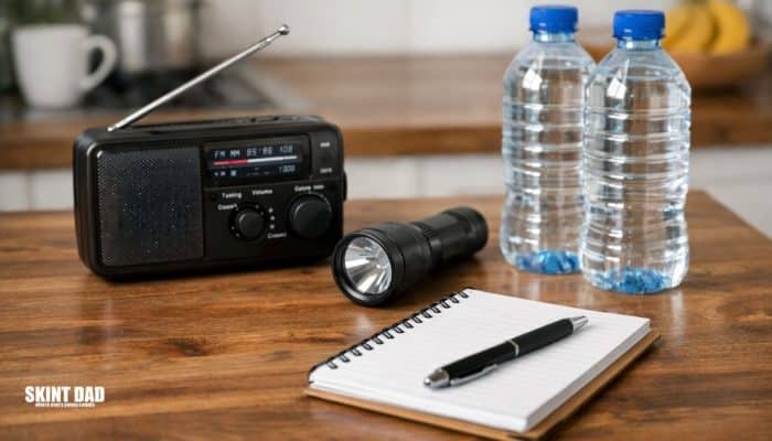 Everyday household items like a radio, torch and water on a kitchen table, showing simple preparedness for a power cut