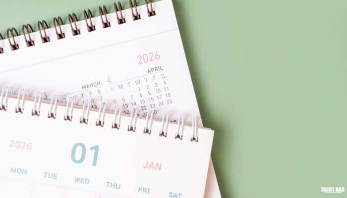 Desk calendar showing 2026 dates on a green background, with pages overlapping on a table.