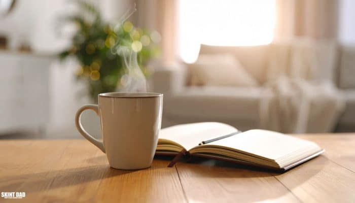 A cup of tea on a kitchen table in natural light, representing a quiet moment of pause after a life setback.