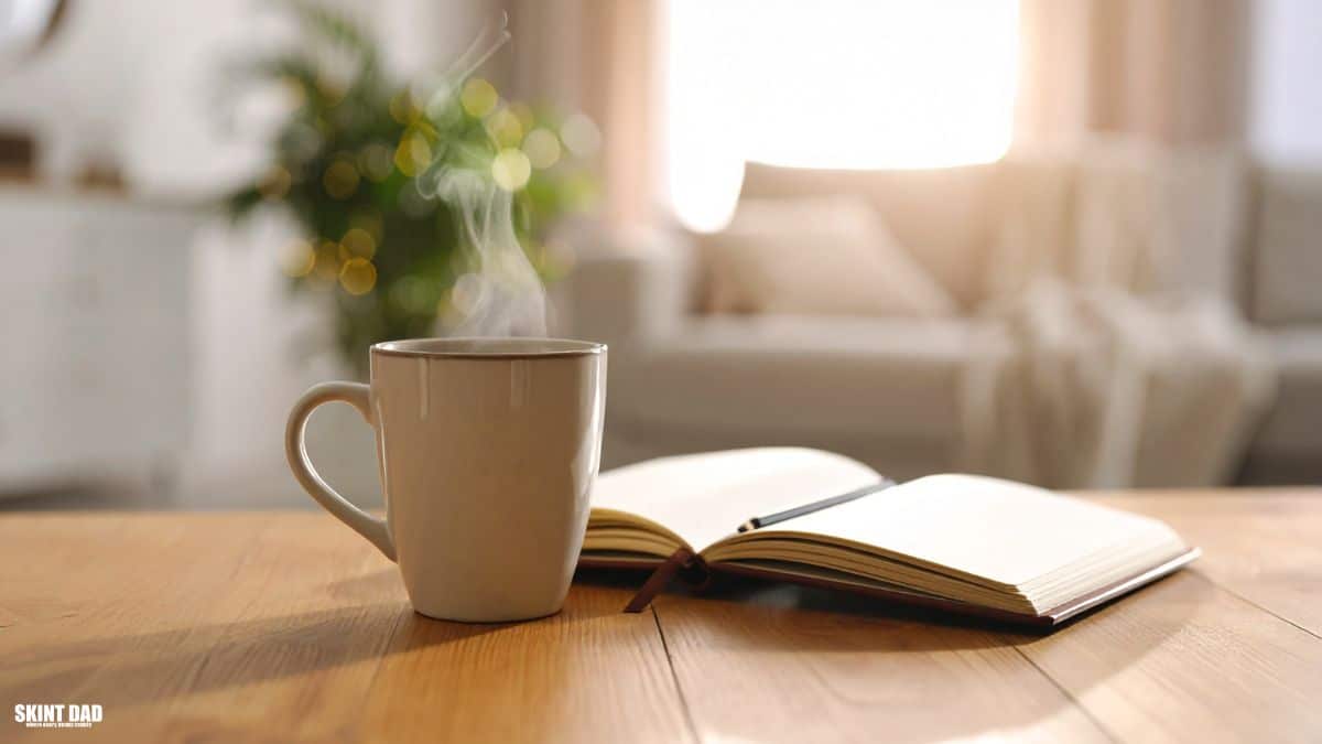 A cup of tea on a kitchen table in natural light, representing a quiet moment of pause after a life setback.