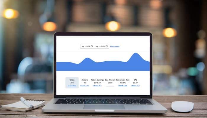 Laptop displaying affiliate marketing clicks, earnings and conversion data