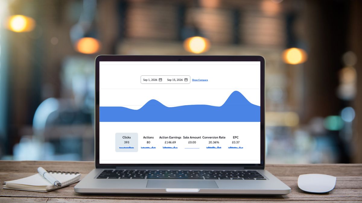 Laptop displaying affiliate marketing clicks, earnings and conversion data
