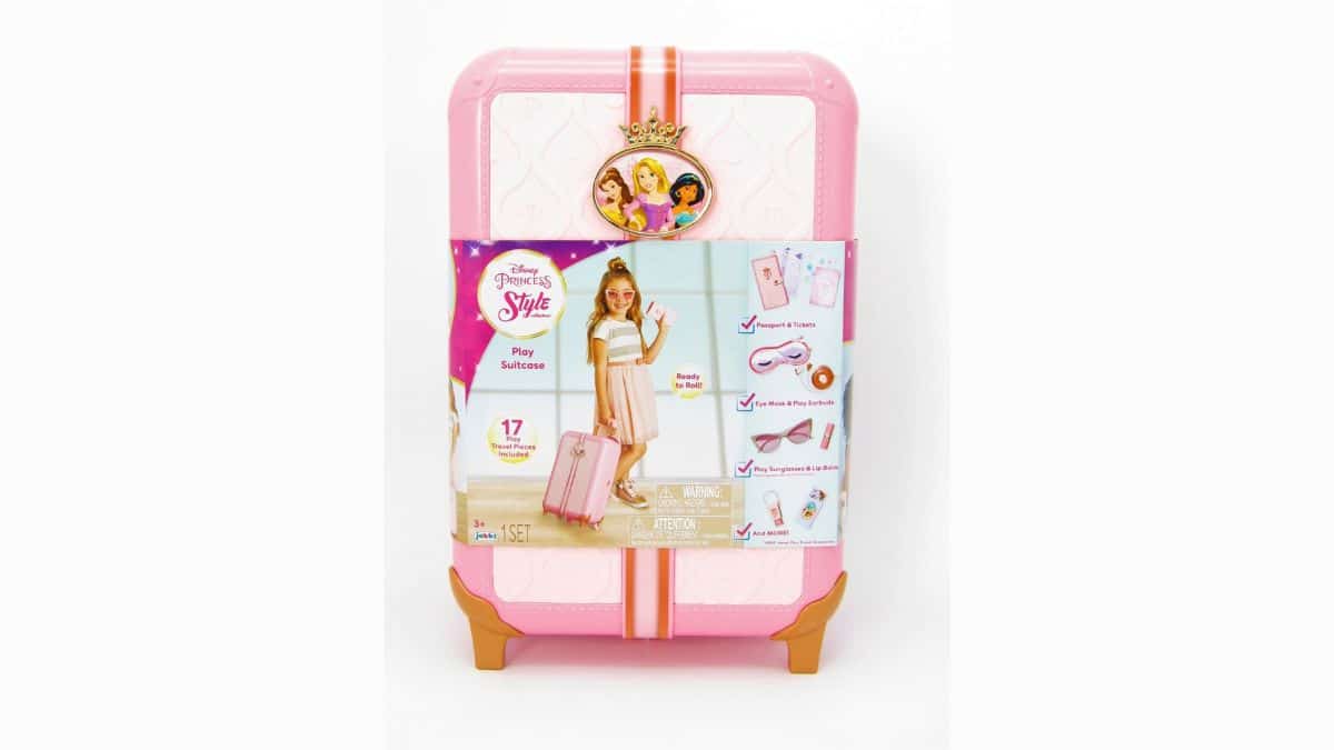 Open pink Disney Princess Style Collection Suitcase with accessories