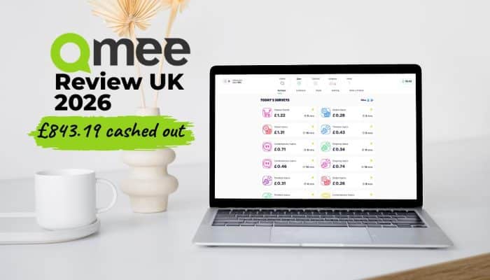 Qmee review UK 2026 showing £843.19 cashed out and the Qmee survey dashboard