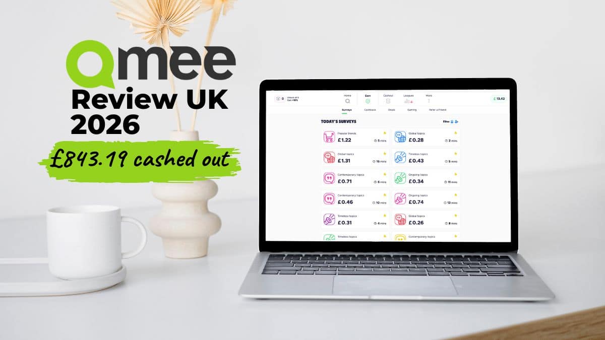 Qmee review UK 2026 showing £843.19 cashed out and the Qmee survey dashboard