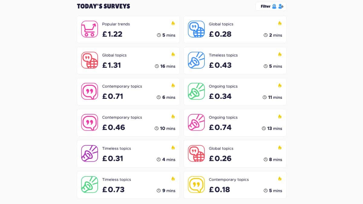 Qmee surveys showing rewards from 18p to £1.31 and estimated completion times