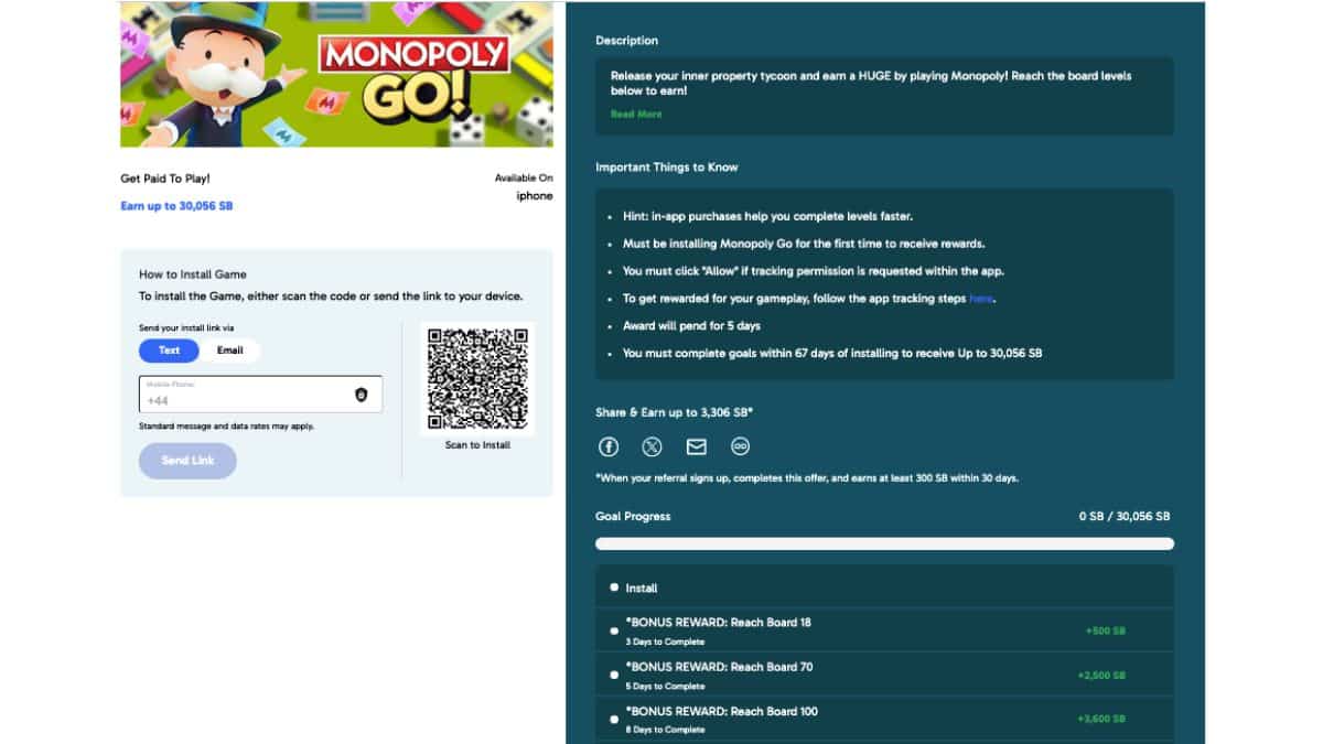 Swagbucks Monopoly GO offer showing advertised SB reward, conditions and milestone targets