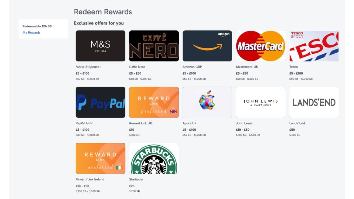 Swagbucks UK rewards showing PayPal and gift cards including Amazon, Tesco and M&S